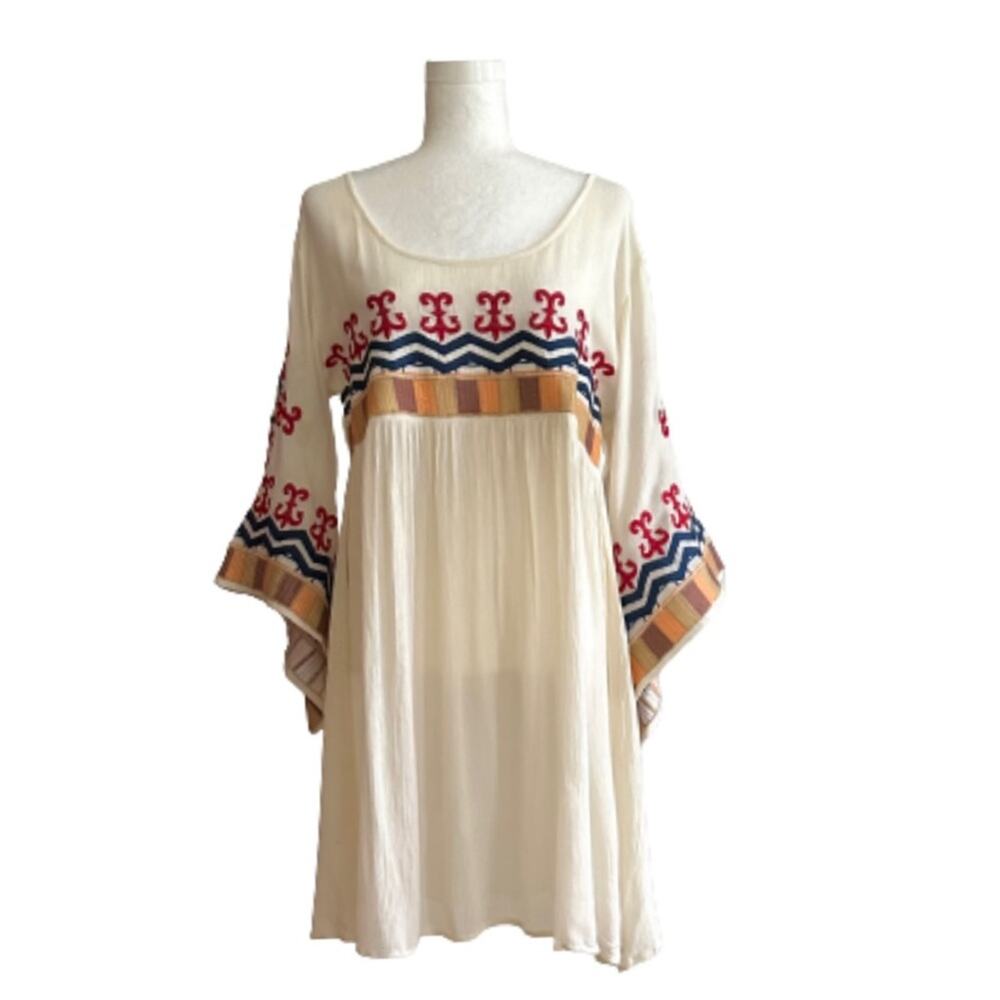 Velzera Dress Cream Brown Red Blue Embroidered Bell Sleeve Tunic Boho Medium NEW
